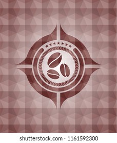 coffee bean icon inside red polygonal badge. Seamless.