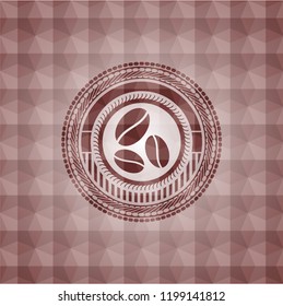  coffee bean icon inside red seamless emblem or badge with abstract geometric pattern background.