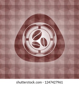 coffee bean icon inside red geometric pattern emblem. Seamless.