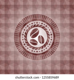 coffee bean icon inside red emblem with geometric background. Seamless.