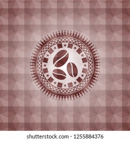 coffee bean icon inside red emblem or badge with geometric pattern background. Seamless.