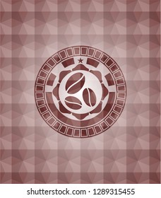 coffee bean icon inside red seamless emblem with geometric pattern.