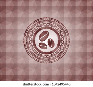 coffee bean icon inside red seamless geometric pattern emblem. Seamless.