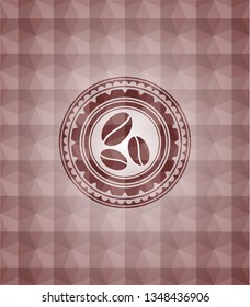 coffee bean icon inside red seamless badge with geometric background.