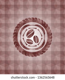 coffee bean icon inside red seamless emblem with geometric pattern background.