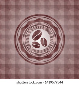 coffee bean icon inside red seamless geometric pattern emblem. Seamless.