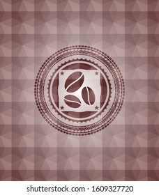 coffee bean icon inside red geometric pattern emblem. Seamless.