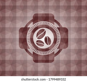 coffee bean icon inside red seamless emblem with geometric background. 