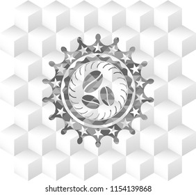 coffee bean icon inside retro style grey emblem with geometric cube white background