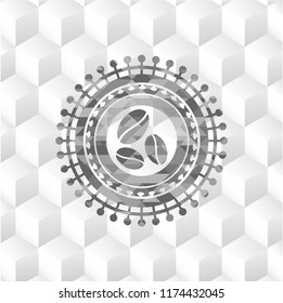 coffee bean icon inside retro style grey emblem with geometric cube white background