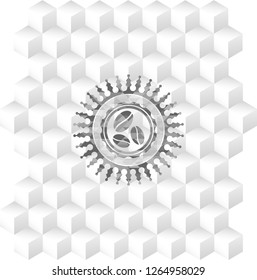 coffee bean icon inside retro style grey emblem with geometric cube white background