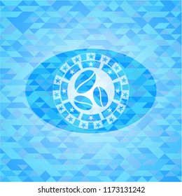 coffee bean icon inside sky blue emblem. Mosaic background