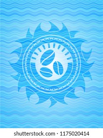 coffee bean icon inside sky blue water wave badge background.