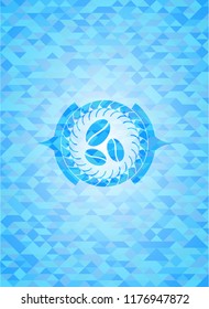 coffee bean icon inside sky blue emblem. Mosaic background