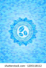 coffee bean icon inside sky blue mosaic emblem