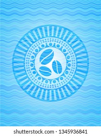 coffee bean icon inside sky blue water badge background.