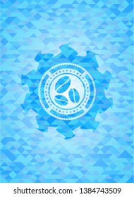 coffee bean icon inside sky blue mosaic emblem