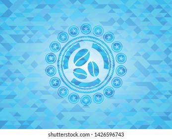 coffee bean icon inside sky blue emblem. Mosaic background