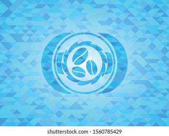 coffee bean icon inside sky blue emblem with mosaic ecological style background