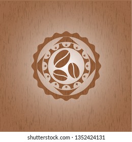 coffee bean icon inside wooden emblem. Vintage.