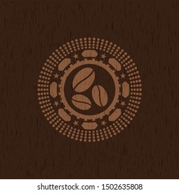 coffee bean icon inside wooden emblem. Retro