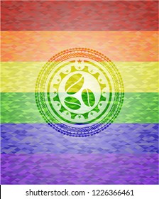 coffee bean icon on mosaic background with the colors of the LGBT flag