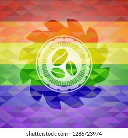 coffee bean icon on mosaic background with the colors of the LGBT flag