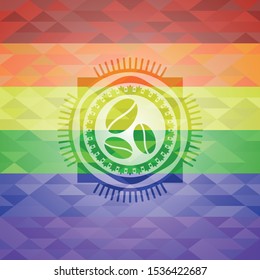 coffee bean icon on mosaic background with the colors of the LGBT flag