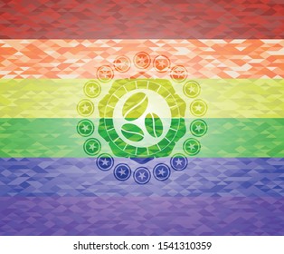 coffee bean icon on mosaic background with the colors of the LGBT flag