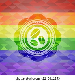 coffee bean icon on mosaic background with the colors of the LGBT flag. 