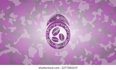 coffee bean icon on pink and purple camouflage pattern. 