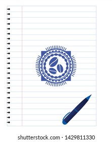 coffee bean icon with pen strokes. Blue ink. Vector Illustration. Detailed.