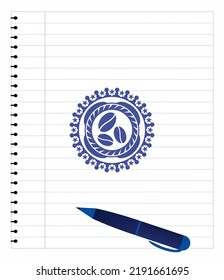 icono de judías de café pincha emblema. Tinta azul. Ilustración vectorial. Detallado. 