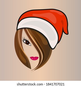 Coffee bean icon in Santa Claus hat with eyes, lips and a lock of hair.