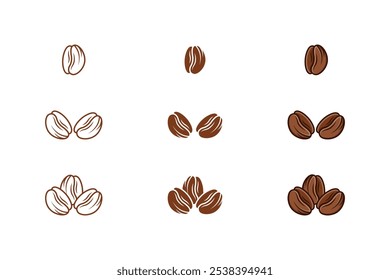 colección de íconos de granos de café en estilos de contorno, plano y contorno