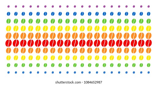 Coffee Bean icon spectrum halftone pattern. Vector symbols arranged into halftone array with vertical rainbow colors gradient. Designed for backgrounds, covers, templates and abstraction effects.