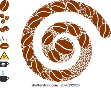 Coffee bean icon spiral stream mosaic. Coffee bean icons are arranged into twirl mosaic structure. Object whirlpool is created from scatter coffee bean icons. Some additional icons are pictured.