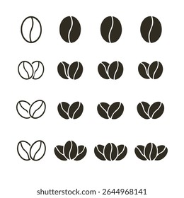 Coffee Bean Icons Set Black White Outline Variations Graphic Design Elements coffee beans
