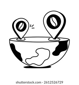 Coffee bean inside map pointer denoting icon of coffee shop location
