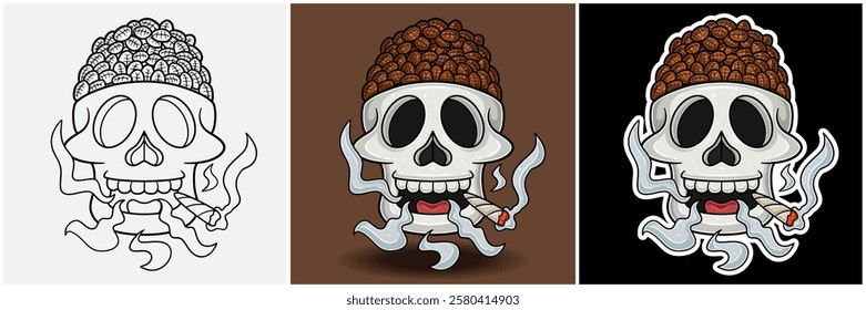 Coffee Bean Inside Skull Head With Smoking Character Cartoon. Black White, Colorful and Sticker Style. For T shirt print, Brand Logo, Label and Mascot product. Vectors Illustrations