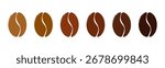 Coffee bean intensity roast level color, strength light medium or dark scale. Set minimal indicator, coffee beans frying. Different brew.