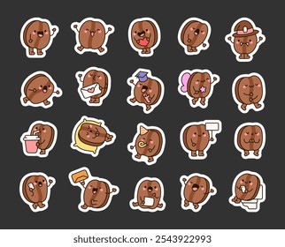 Coffee bean kawaii cartoon character illustrations with cute expressions and fun activities for design and creative projects