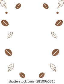 Coffee bean and leaf decorative border vector. A minimalist decorative frame showing brown coffee beans, delicate leaf outlines, and tiny dots arranged in a U-shaped pattern on a white background.