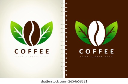 Vektor mit dem Logo der Kaffeebohne und des Blattes. Vektorgrafik des Logo-Designs