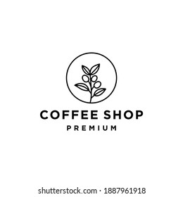 Coffee Bean With Leaf Plant Branch Hipster Minimal Logo Vector With Leaf Simple Line Outline Icon For Cafe 