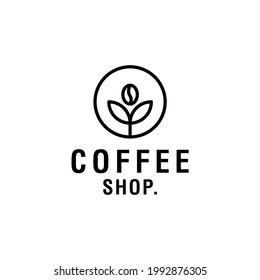 coffee bean with leaf plant branch hipster minimal logo vector with leaf simple line outline icon for cafe 