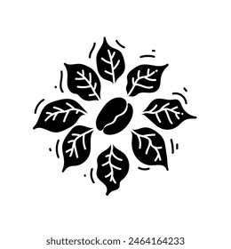 Coffee bean and leaves black hand drawn icon