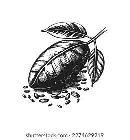 Coffee bean with leaves engraving. Surrealistic art vector illustration.