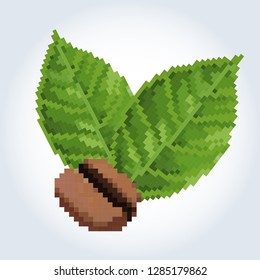 Coffee bean and coffee leaves. Gray-blue gradient background. Pixel art.
