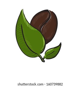 Coffee bean with leaves isolated on white. Natural organic coffee label concept